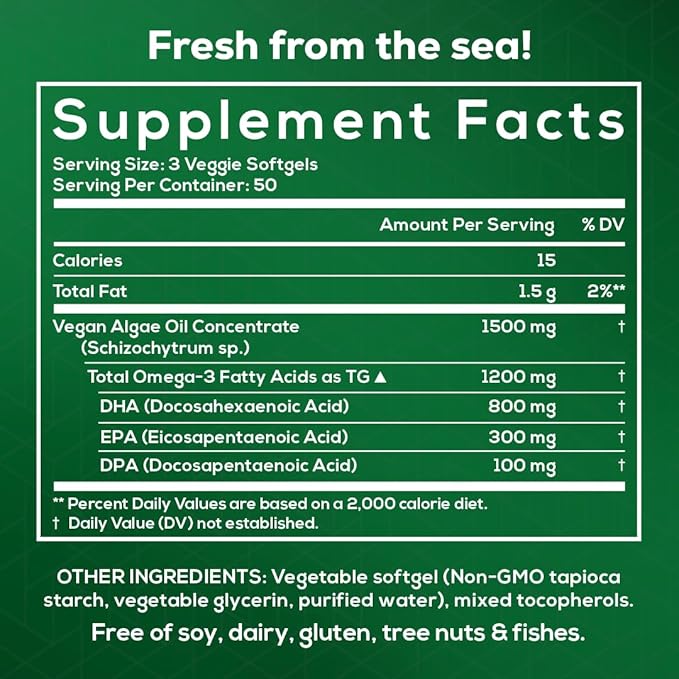 Fish Oil Alternative - Vegan Omega 3 Supplement Algae Oil DHA EPA DPA - Plant Based Omega 3 Fatty - Organic &amp Non-GMO - 150 Softgels