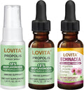 LOVITA Triple Action Immune Bundle - 1 Propolis Drops 1 Throat Spray &amp 1 Echinacea Liquid with Elderberry Alcohol-Free Respiratory Support (3 Pc Set)