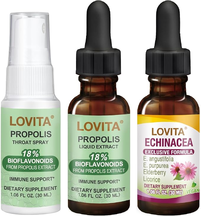 LOVITA Triple Action Immune Bundle - 1 Propolis Drops 1 Throat Spray &amp 1 Echinacea Liquid with Elderberry Alcohol-Free Respiratory Support (3 Pc Set)