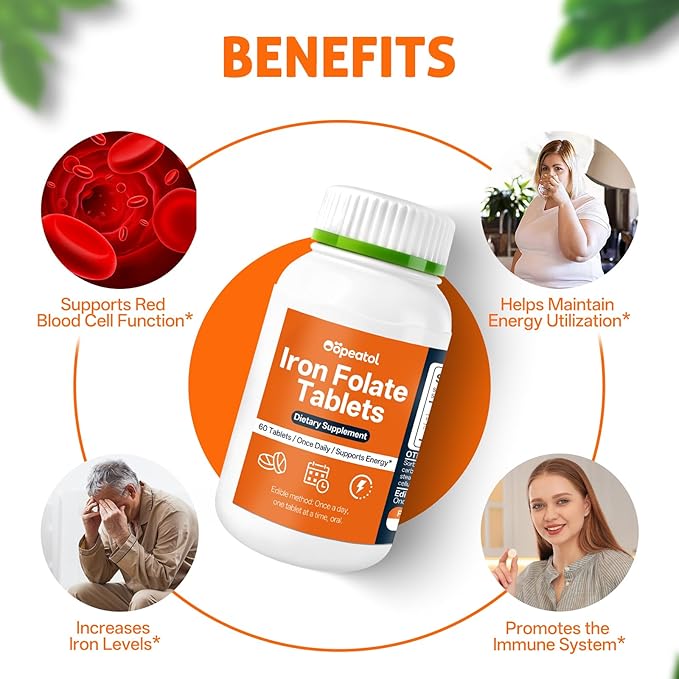 Iron Folic Acid &amp Calcium Vitamin D3 Magnesium Supplement | Supports Red Blood Cell Bone &amp Muscle Health | 60 Tablets Gentle Elemental Composition with 400mcg Folic Acid