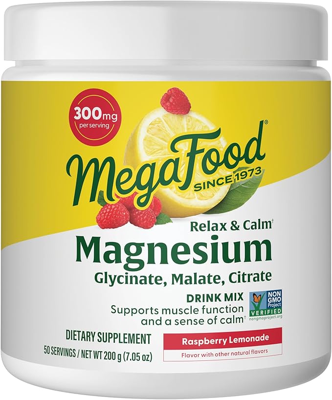 Megafood Relax + Calm Magnesium Powder - Highly Absorbable Magnesium Glycinate Magnesium Citrate &amp Magnesium Malate - Without 9 Food Allergens - Raspberry Lemonade Flavor - 7.05 Oz (50 Servings)