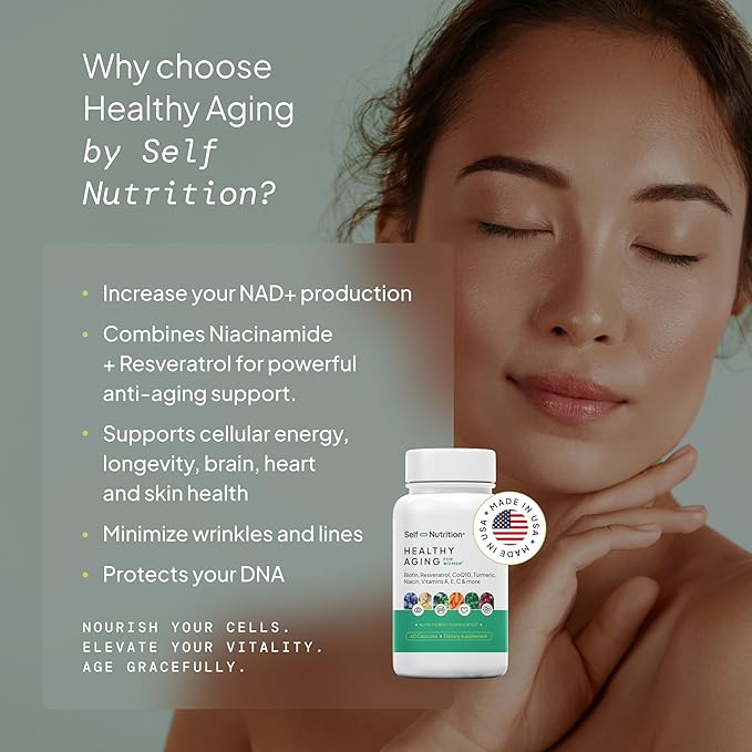 Healthy Aging Supplement for Women - NAD+ Resveratrol Collagen Booster Biotin Hyaluronic Acid &amp More. Cellular Energy Healthy Aging Skin Support - USA Vegan 60 Capsules.
