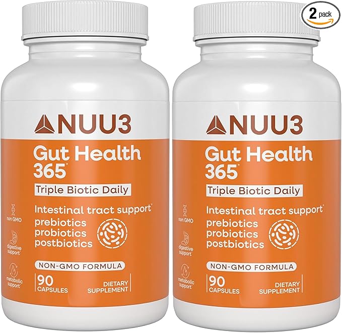 NUU3 Gut Health 365 - Digestive Enzymes &amp Probiotic Supplement for Women &amp Men - Bloating &amp Digestion Relief - Supports Gut Microbiome &amp Healthy Immune Function - 60 Capsules (Pack of