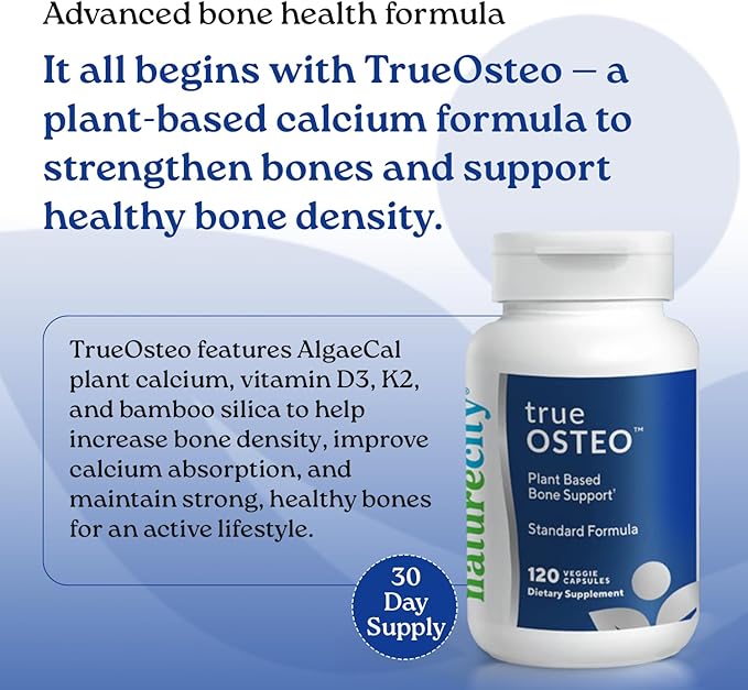 NatureCity True-Osteo Plant-Based Supplement for Bone Strength | AlgaeCal Calcium &amp Magnesium Plant-Based Vitamin D3 Vitamin K2 Silicon| Gentle on Stomach (120 Veggie Capsules)