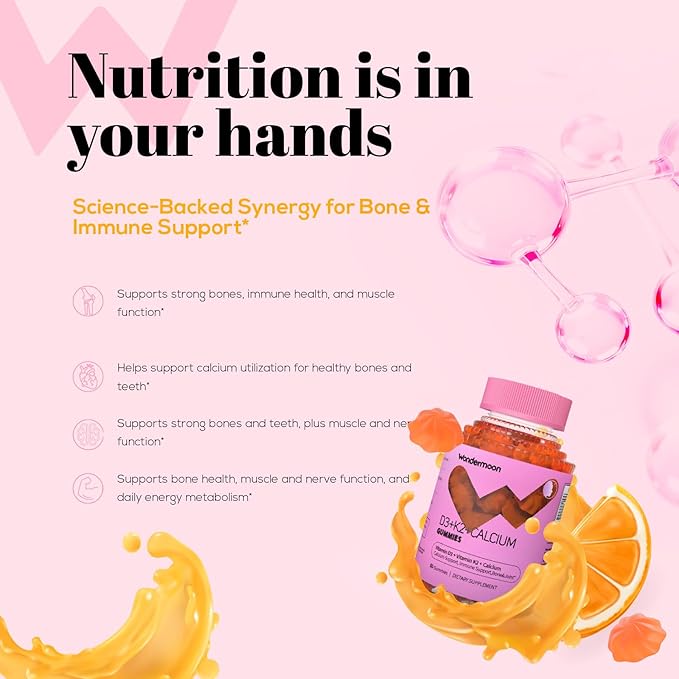 Wondermoon Vitamin D3 K2 Gummies for Women with Calcium &amp Magnesium – Supports Bone Teeth &amp Muscle Function – Daily Wellness Support – Orange Flavor 60 Count