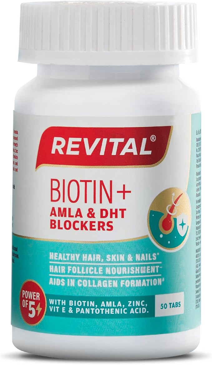 Revital Biotin+ with Amla and DHT Blockers for Hair Growth | Biotin Amla Zinc Vitamin E &amp Pantothenic Acid | Supports Hair Strength &amp Skin Health | 50 Tablets