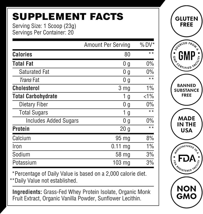 MetCon Whey Protein Isolate - Premium Grass-Fed Whey Protein Isolate Powder with 5 All-Natural Ingredients No Fillers Organic Vanilla Flavor (460g)