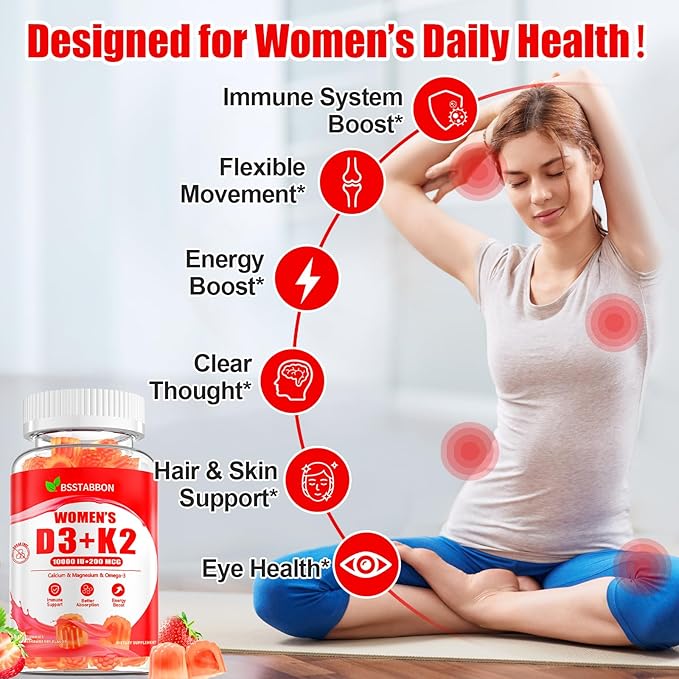 Organic Women’s D3 K2 Vitamin Gummies: D3 10000 IU Chewable Vegan Multivitamins Supplement with B12 B6 B9 Plus Magnesium Omega Zinc Calcium - for Immune Energy Skin Support (120Count)