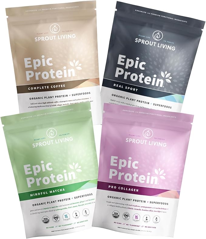 Sprout Living Epic Protein Pro Collagen Mindful Matcha Real Sport and Complete Coffee 12 Servings