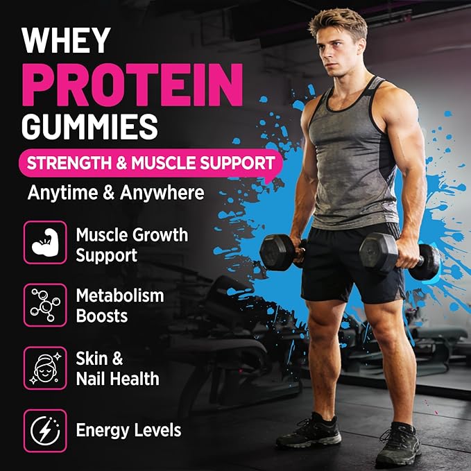 Protein Gummies Chewable Whey Protein Supplement with L-Glycine &amp L-Leucine 10g Protein for Women &amp Men Muscle Hair Skin &amp Nails 120 Count