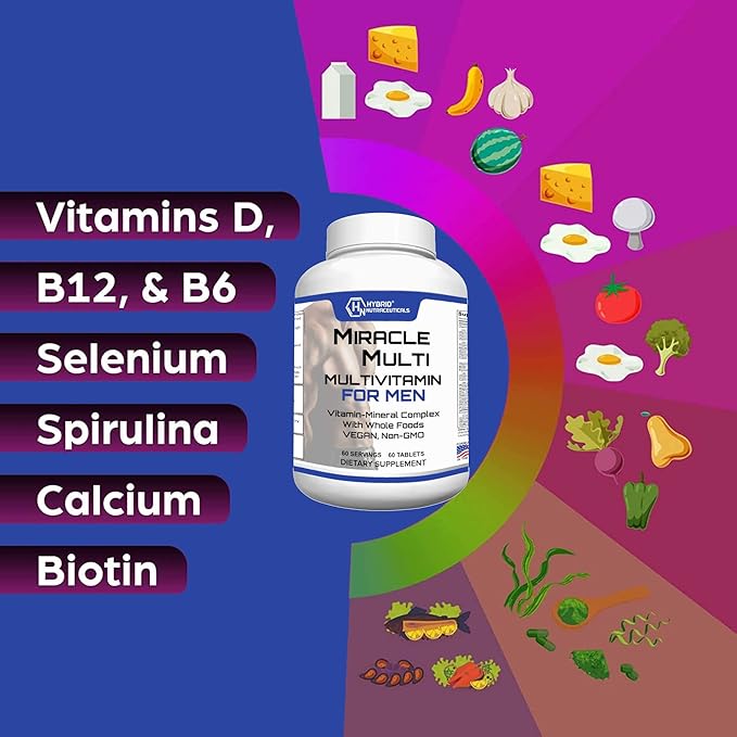 MiracleMulti Best Multivitamin for Men Vitamin and Mineral Supplement with Probiotics Superfood Enzyme Blend: Support for Heart Prostate Stamina Energy: Non-GMO (2-Pack 120 Tablets)