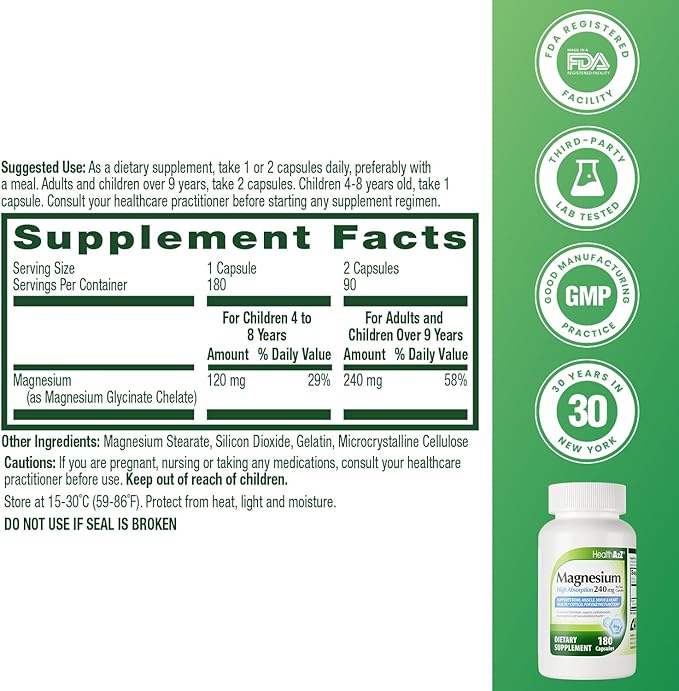 HealthA2Z® Magnesium Glycinate 240 mg - 180 Capsules Supports Daytime Energy Nighttime Restful Sleep Stress Relief Mood Balance Bone &amp Muscle Health and Natural Beauty - High Absorption Form