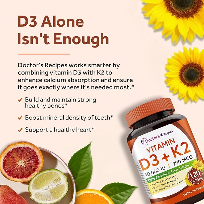 Doctor's Recipes CoQ10 200mg Softgels &amp Vitamin D3 K2 Softgels Bundle Coq10 240ct for Heart Heath Vitamin D3 K2 120ct for Immune and Bone Health Support