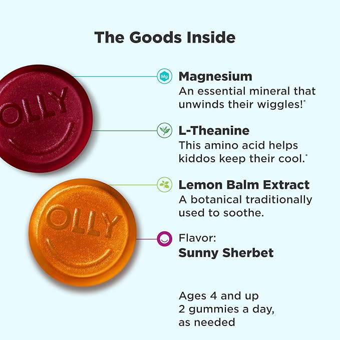 SmartyPants Kids Multivitamin Gummies Sugar Free: Omega 3 (ALA) &amp OLLY Kids Chillax Magnesium Gummies Plus L-Theanine Lemon Balm Calm Chews for Kids 4+ Sherbet Flavor - 50 Count (Pack of 1)