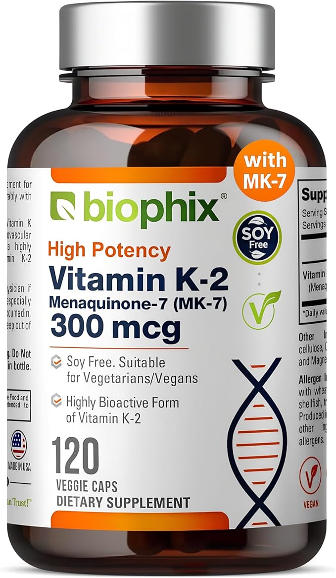 biophix Vitamin K2 MK-7 300mcg 120 Vegan Capsules – High-Potency Supplement for Bone Strength and Immune Health