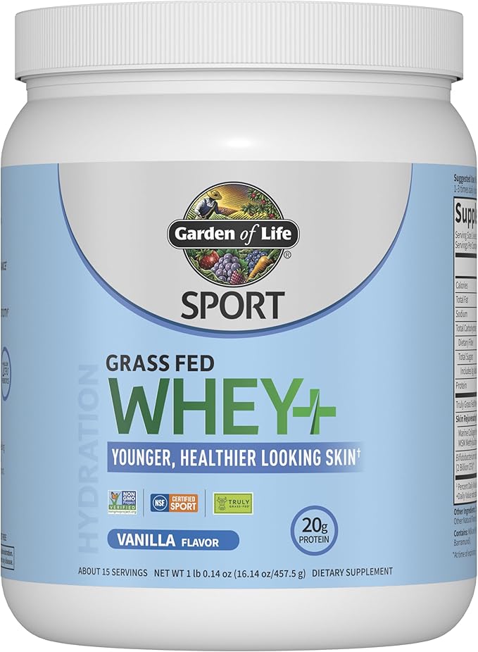 Garden of Life SPORT Whey Protein Powder Vanilla Flavor 20g Plus Marine Collagen Peptides &amp MSM for Women and Men Optimum Amino Energy Younger Healthier Looking Skin - Grass Fed About 15 Servi