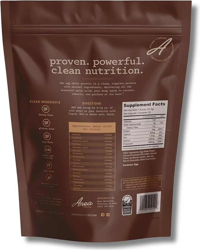 Anea Egg White Protein - Chocolate | 24g Protein | Fat-Free Cholesterol-Free | 4.9g BCAA | Complete Amino Acid Profile| Dairy-Free Gluten-Free Soy-Free | Chocolate Flavor | Made in GMP Facility