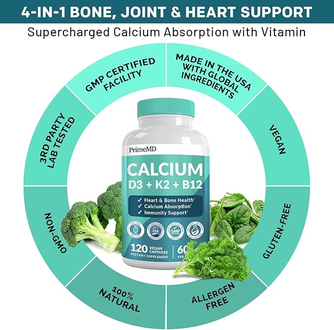PrimeMD 4-in-1 Calcium Supplements for Women &amp Men or Heart Bone &amp Body Defenses (120 ct) &amp 28-in-1 Quercetin with Bromelain Supplement - Quercetin 500mg Capsules for Immune Defense Suppo