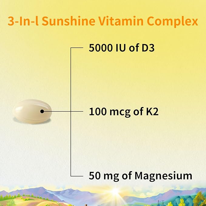Vitamin D3 K2 5000 IU 120 Softgels with Magnesium Supplement - &amp 120mcg MK-7 K2 for Bone Health &amp Immune Support - Non-GMO &amp Gluten-Free Softgels with MCT Oil
