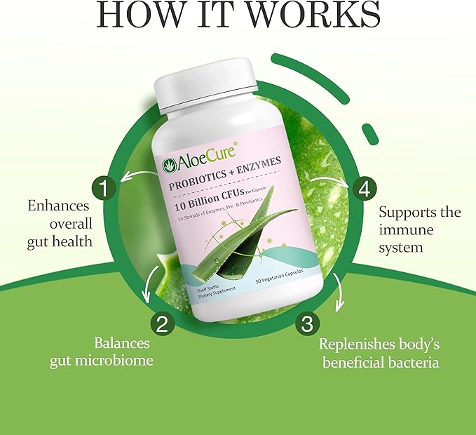 AloeCure Daily Probiotics 10 Billion CFU for Digestive Support 8 Strains 6 Prebiotics &amp Enzymes - Digestive Supplement with Bromelain for Women &amp Men - Gut Support Digestive Relief 30 Caps