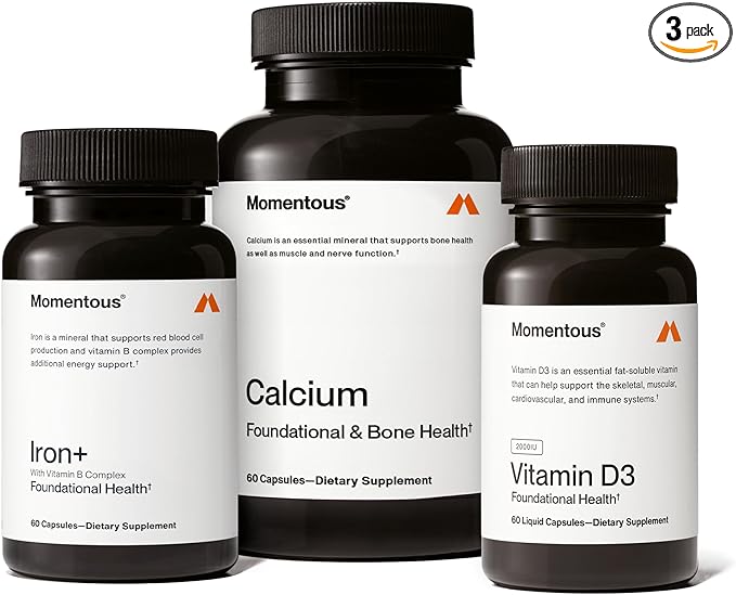Momentous The Women's Three Bundle - Iron+ Calcium &amp Vitamin D3 (2000 IU) - 3 Critical Nutrients for All Women in 1 Daily Supplement System - NSF Certified for Sport - Gluten-Free - 60 Servings