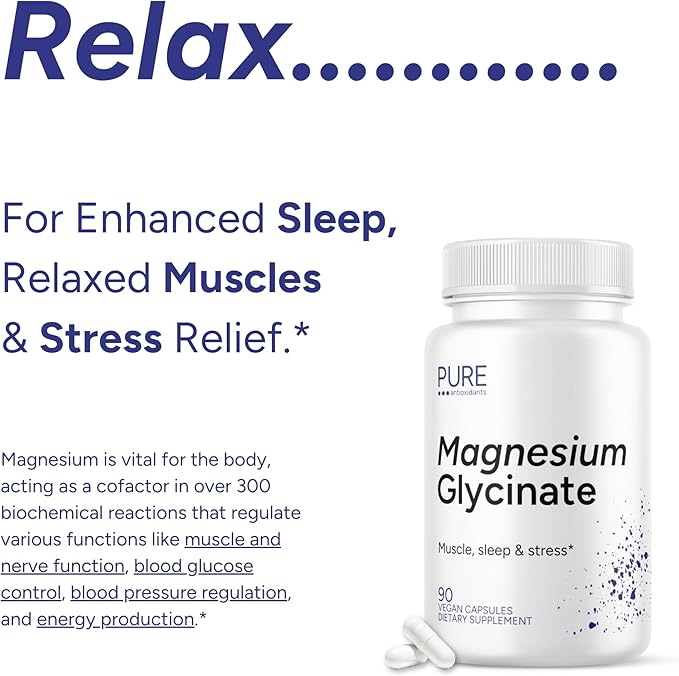 100% Pure Magnesium Glycinate | Fully Reacted Magnesium Bisglycinate Buffered-Free | Muscle Relaxation &amp Sleep Support – Well Tolerated (Vegan Non-GMO) 90 Capsules | Made in the USA