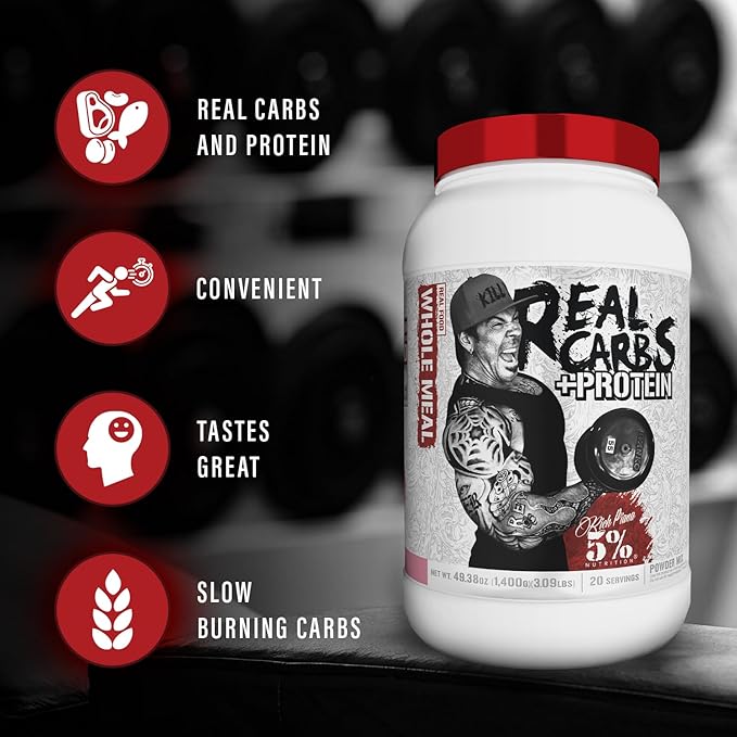 5% Nutrition Rich Piana Real Carbs + Protein | Clean Mass Gainer Meal Replacement Protein Powder | Carbohydrate for Pre Workout/Post-Workout Recovery Meal | 3 lb 20 Srvgs (Chocolate)