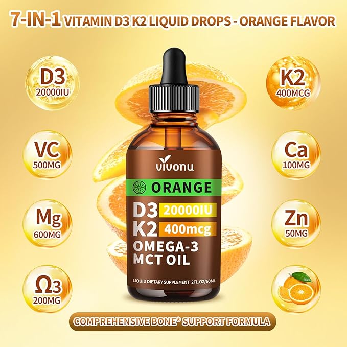 VivoNu Vitamin D3 K2 Drops D3 20000 IU &amp K2 as MK-7 400mcg Orange Flavor Vitamin D Liquid Drops Supplement with Magnesium Calcium Zinc &amp Omega 3 for Immune* Mood* Bone* Health