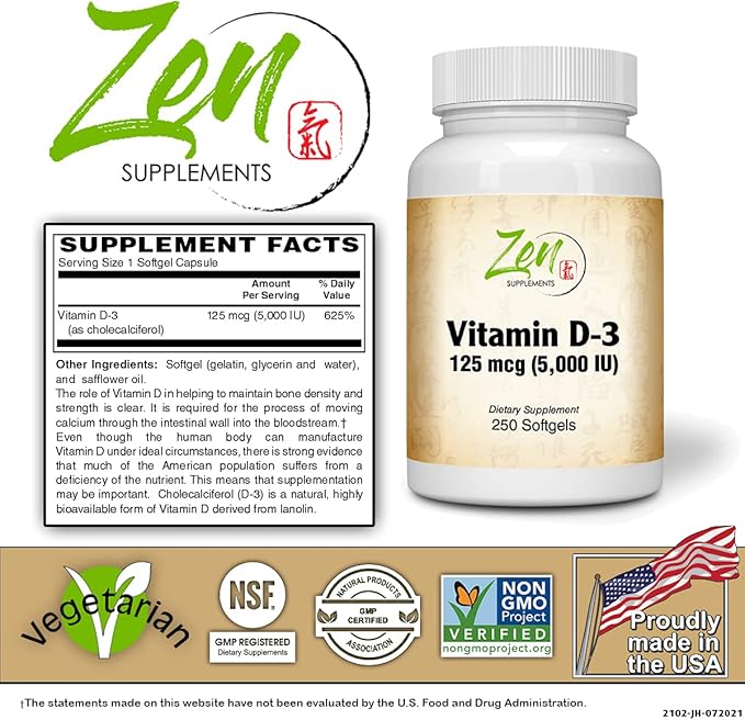 Zen Supplements - Vitamin D-3 5000 IU 250-Softgel - Supports Healthy Muscle Function Bone Health &amp Immune Support