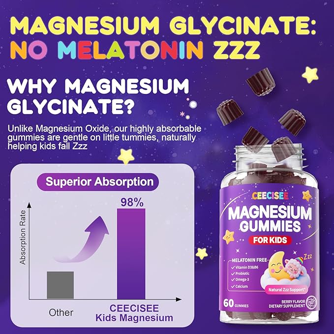Magnesium Gummies Supplement for Kids 4+: Organic Chewable Supplement with Citrate Magnesium VitaminB6 D3 Zinc L-Theanine - Extra Strength Zzz Aid Overall Health Support for Kids(120Count)