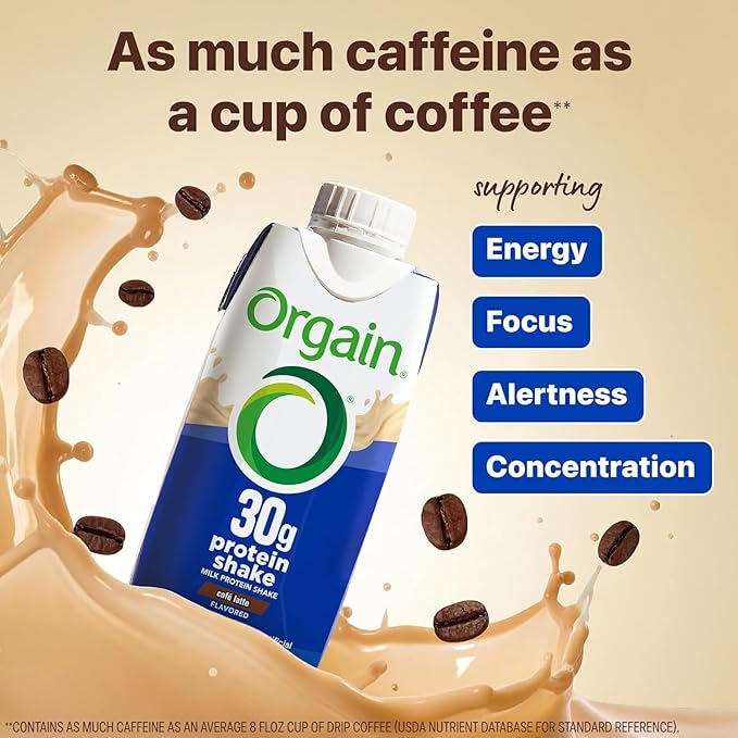 Orgain 30g High Protein ShakeCafé Latte5g BCAAs1g Sugar Per ServingCaffeine from 1 Cup of CoffeeMilk IsolateMeal ReplacementReady to DrinkKeto FriendlyGluten-Free 11 Fl Oz(Pack of 24)