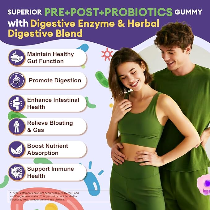 Sugar Free 5-in-1 Probiotic Prebiotic Postbiotic Gummy 36 Strains Probiotics for Women Men with Digestive Enzymes Peppermint Complete Immune Gut &amp Digestive Support Vegan 60 Ct Grape Flavor