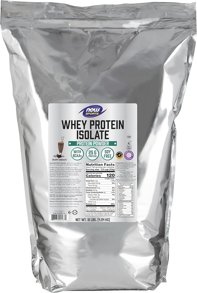 NOW Foods Sports Nutrition Whey Protein Isolate 25 g With BCAAs Creamy Chocolate Powder 10-Pound