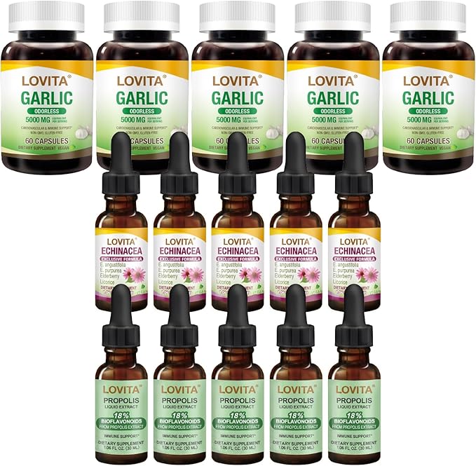 LOVITA 15-Piece Mega Bundle - 5 Propolis Drops 5 Odorless Garlic &amp 5 Echinacea Liquids Year-Round Health Supply (15 Pc)