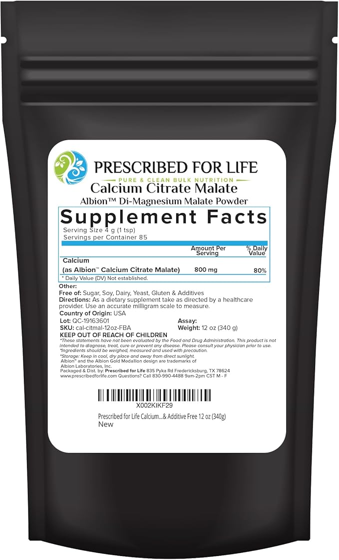 Prescribed for Life Calcium Citrate Malate Pure Vegan Calcium Powder Easy Absorption Formula Non GMO Filler &amp Additive Free (340g)