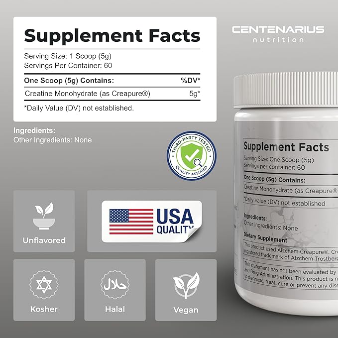 Creapure® Creatine Monohydrate Powder Unflavored 300g | Micronized Creatine Supplement for Men &amp Women Supports Strength Endurance &amp Muscle Performance | Centenarius Nutrition