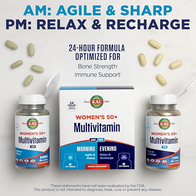 KAL Plus 2-in-1 Multivitamin for Women 50+ AM/PM Vitamin B and D Biotin Ginkgo Biloba Bone Strength and Immune Support Made Without GMOs and Soy Vegan 30 Servings 120 Tablets