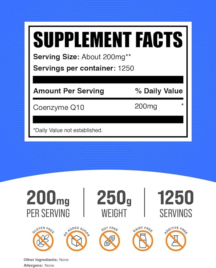 BulkSupplements.com Coenzyme Q10 Powder - Coenzyme Q10 200mg Supplement Nutritional Supplement - Gluten Free 200mg per Serving 250g (8.8 oz) (Pack of 1)