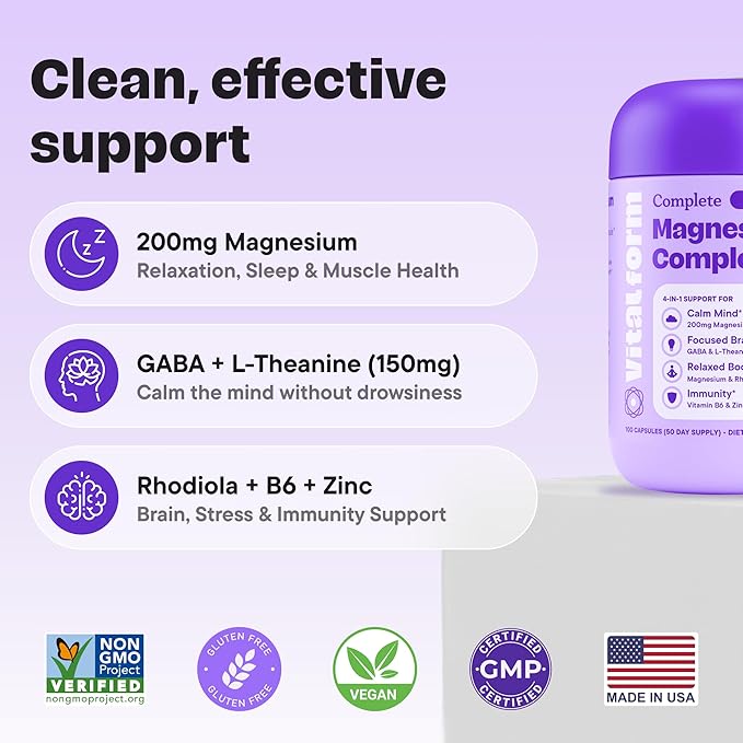 Magnesium Glycinate Sleep Complex – Non-Habit Forming Support with L-Theanine GABA Zinc &amp Rhodiola – Promotes Relaxation Calm &amp Muscle Recovery – Non-Melatonin – 100 Capsules