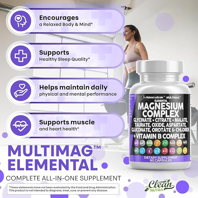 Clean Nutraceuticals Magnesium Complex with Magnesium Glycinate Citrate Malate Oxide Taurate Aspartate Orotate &amp Mag Chloride Zinc Copper Manganese (90 Count (Pack of 2))