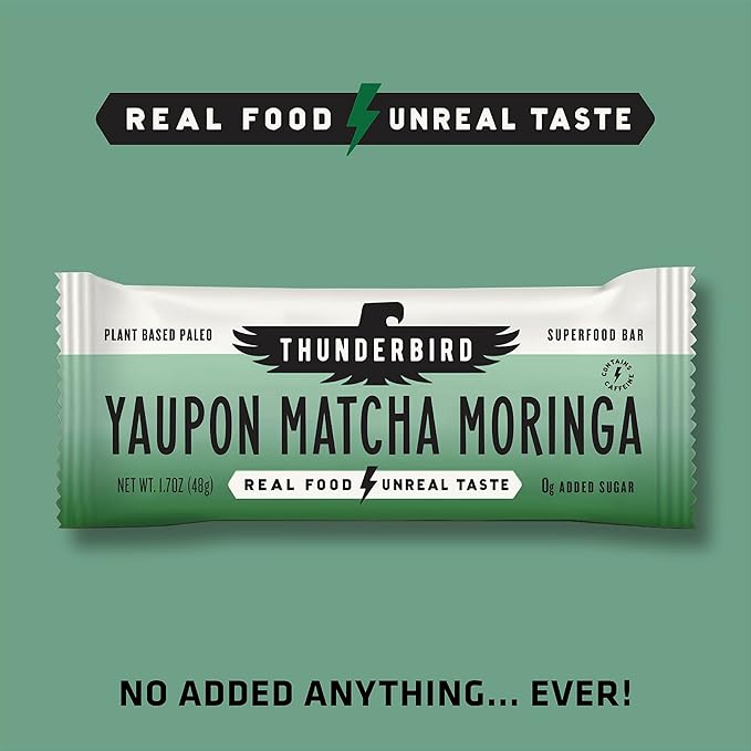 Thunderbird Bars Energy Snack Gluten-Free with Protein Healthy Real Food Vegan Paleo Non-GMO No Added Sugar Yaupon Matcha Moringa Flavor (12 Count 1.7 oz. Bars)