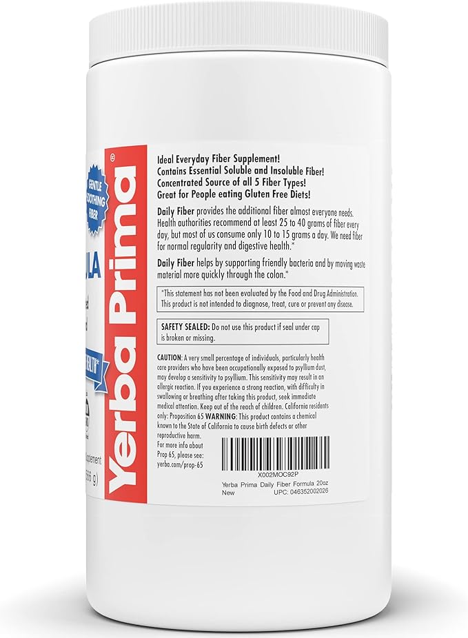 Yerba Prima Daily Fiber Formula - 20 oz Powder - Unflavored Concentrated Blend of Soluble/Insoluble Psyllium Seed Husks Acacia Gum Apple Fiber for Bulk - Dietary Bulking Supplement - Regularity