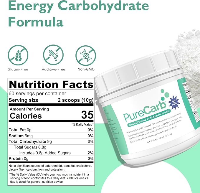 PureCarb Sustained Energy Carbohydrate Post &amp Pre Workout Supplement Powder Allergen-Free Energy Powder with Simple &amp Complex Carbohydrates and Low Glycemic Index 600g