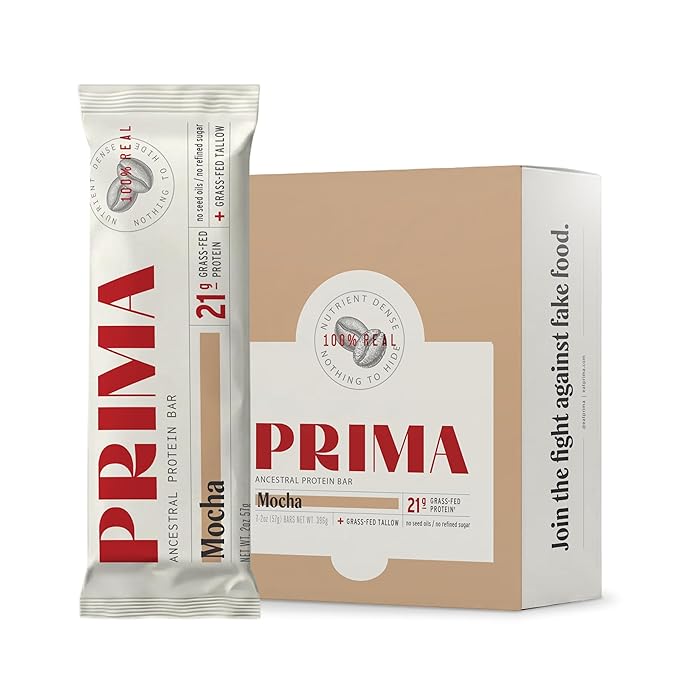 PRIMA ANCESTRAL PROTEIN BAR Grass Fed Protein Bars - 21G Protein – Animal-Based Protein Bar with Beef Tallow Raw Honey Seed Oil Free Low Carb Gluten-Free – Mocha - 7 Pack