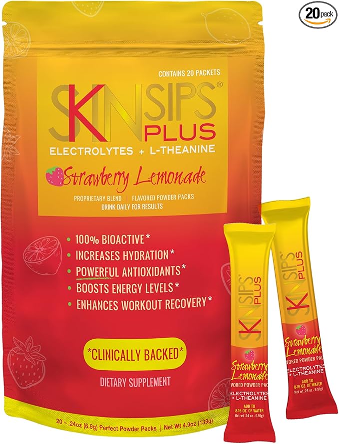 Plus Electrolyte Powder Drink Mix with L-Theanine Strawberry Lemonade Hydration &amp Recovery Supplement Antioxidant Drink 20 Packets