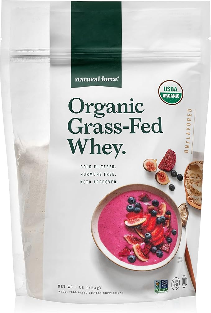 Natural Force Grass Fed Organic Whey Protein Powder - Non GMO Keto Friendly Low Carb Kosher - Lab Tested for Toxins - Pure &amp Unflavored - 16 oz.