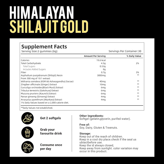 VivoNu Himalayan* Shilajit* Gummies with Ashwagandha* &amp Gokshura | 85+ Trace Minerals &amp Fulvic Acid | Organic Micronutrient Supplement for Men &amp Women-3000mg | 4000mg (3000 mg / 1 Packet