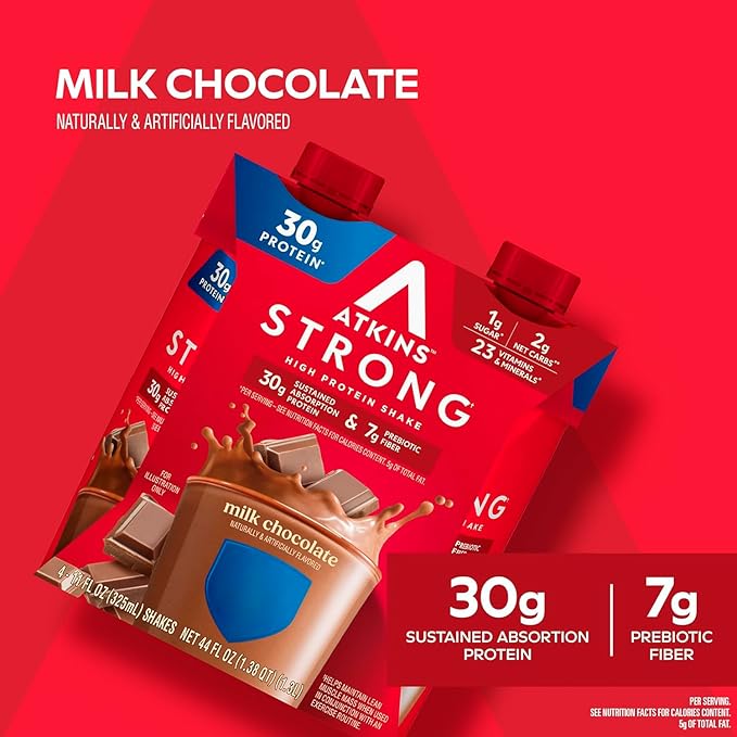 Atkins Strong High Protein Shake Milk Chocolate 30g Protein 7g Prebiotic Fiber 1g Sugar GLP-1 Support Muscle &amp Gut Health Support Complex 12 Count