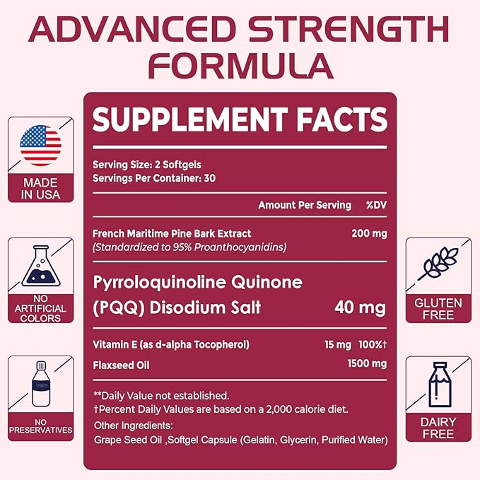 200 mg Pycnogeno with PQQ Premium French Maritime Pine Bark Extract Unique Dual-Delivery for Maximum Absorption Pine Bark Extract for Vascular &amp Heart &amp Joint Function - 120 Vegan Softgels