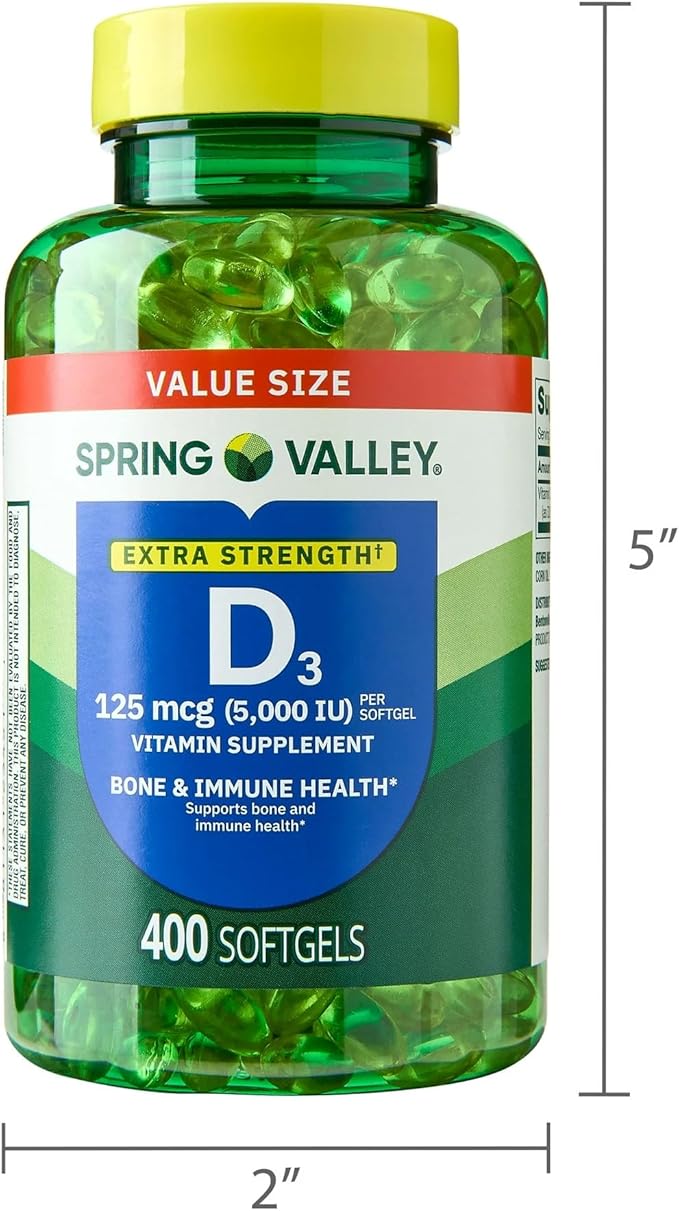 SUREFECT Spring Valley Extra Strength Vitamin D3 125 mcg (5000 IU) Softgels Bone &amp Immune Support - 400 Count Organizer
